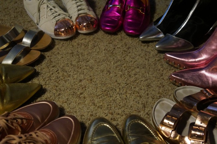 Clockwise: Adidas Superstar sneaker, Topshop Karter loafer, Jeffrey Campbell Othello boot, Jeffrey Campbell+Free People Jagger boot, Topshop Fancie sandal, Old Navy penny loafers, Nike Air Max Thea SE, Zara gold tone boots, 